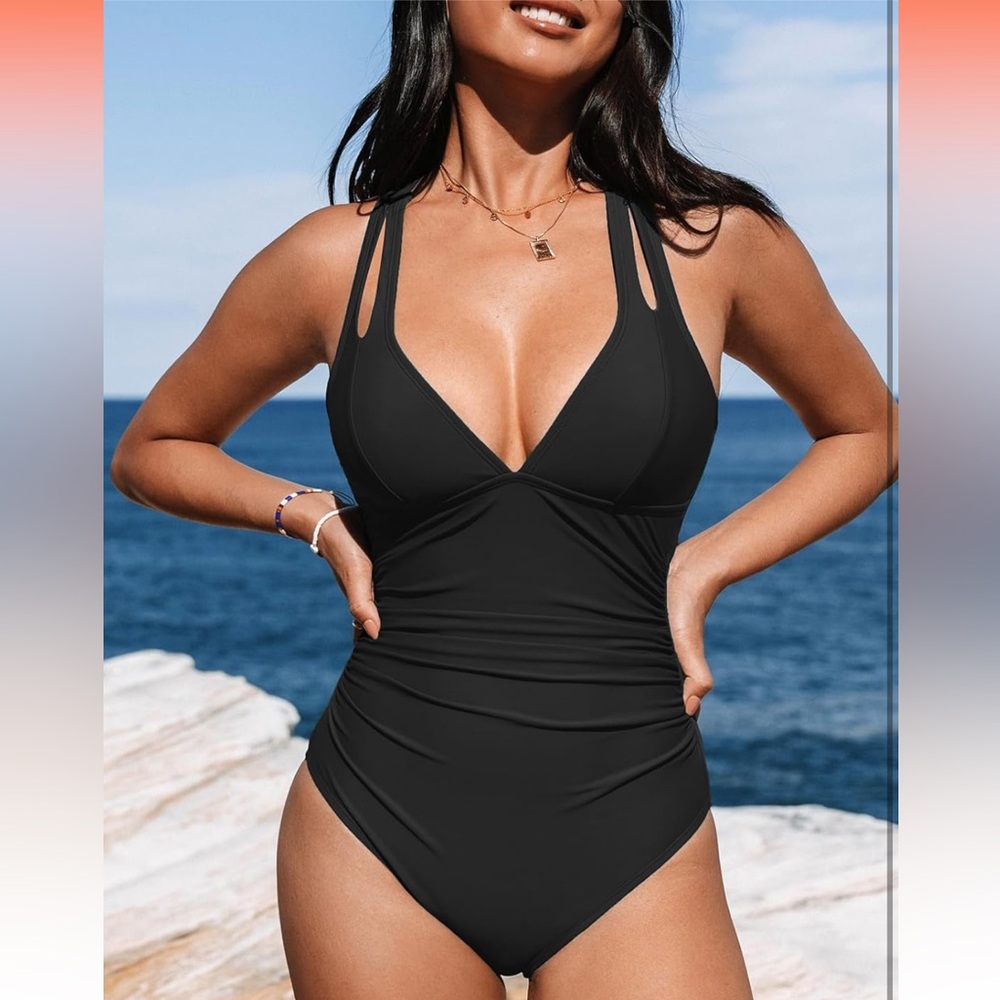 CUPSHE Women One Piece Swimsuit Deep V Neck Tummy Control Black Large NWT